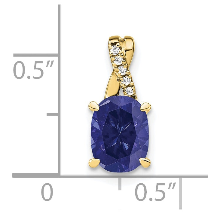 10K Yellow Gold Oval Created Sapphire and Diamond Pendant