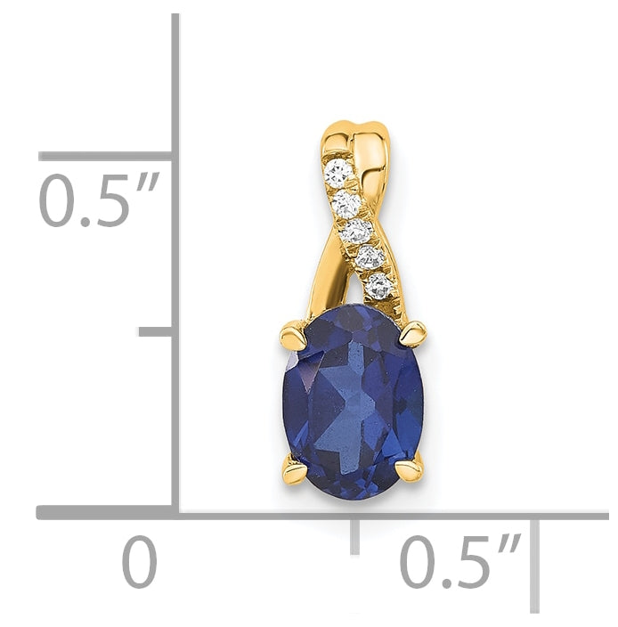 14K Yellow Gold Oval Created Sapphire & Diamond Pendant