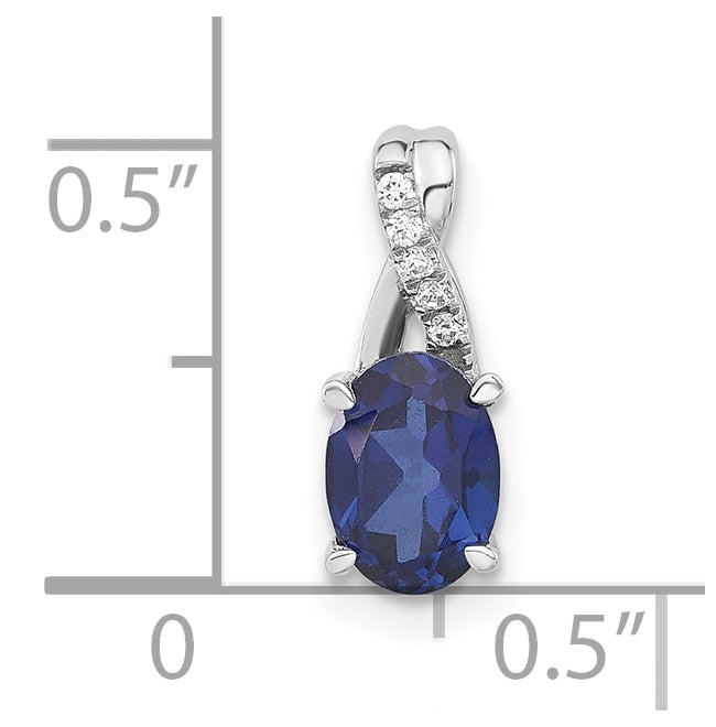 14K White Gold Oval Created Sapphire & Diamond Pendant