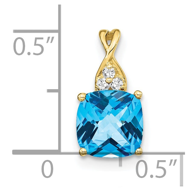10K Yellow Gold Checkerboard Blue Topaz and Diamond Pendant