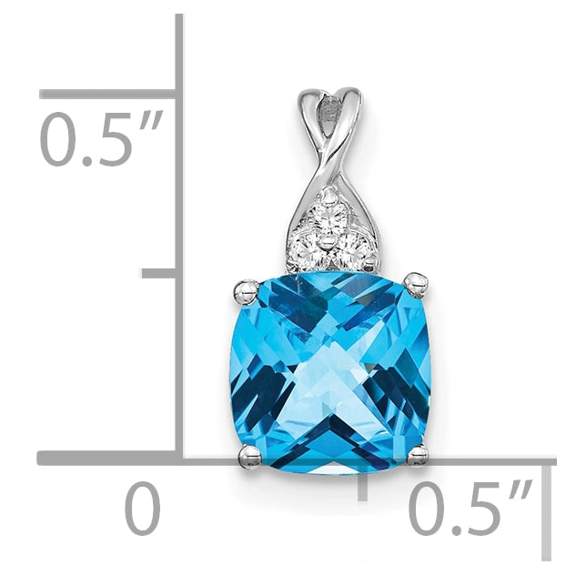 14K White Gold Checkerboard Blue Topaz and Diamond Pendant