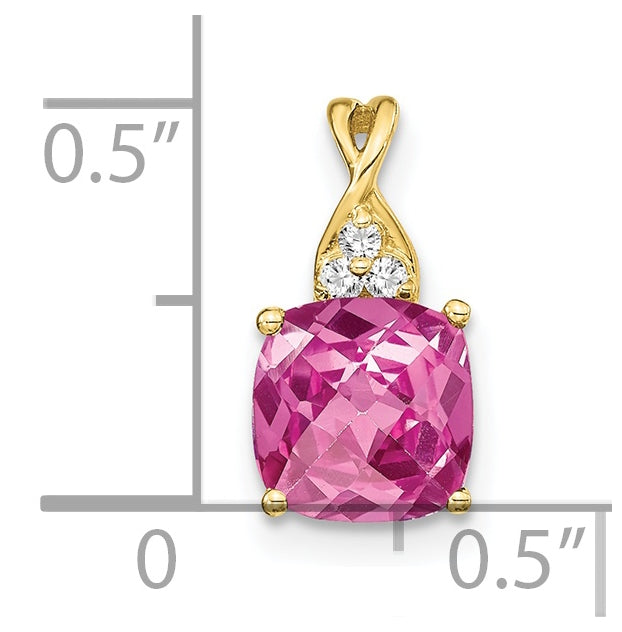 10K Yellow Gold Checkerboard Created Pink Sapphire and Diamond Pendant
