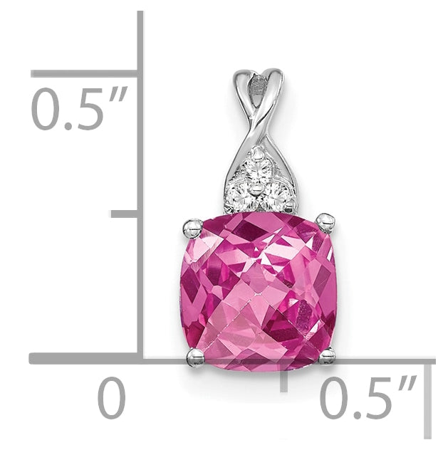 14K White Gold Checkerboard Created Pink Sapphire and Diamond Pendant