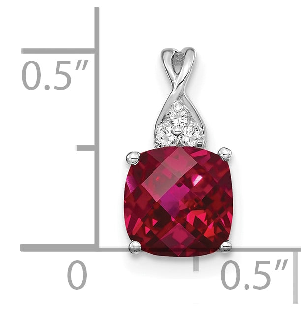 14K White Gold Checkerboard Created Ruby and Diamond Pendant