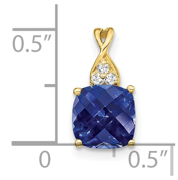 10K Yellow Gold Checkerboard Created Sapphire and Diamond Pendant