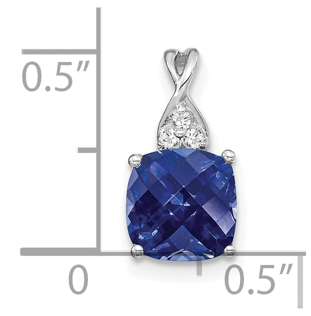 14K White Gold Checkerboard Created Sapphire and Diamond Pendant