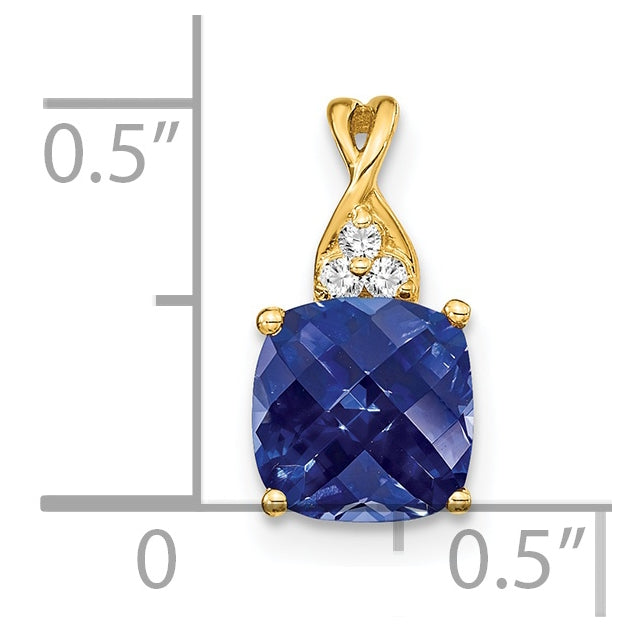 14K Yellow Gold Checkerboard Created Sapphire and Diamond Pendant