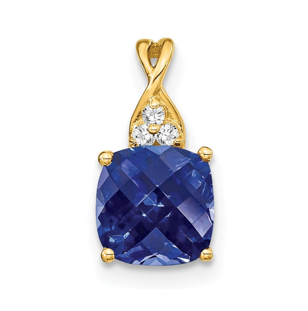 14K Yellow Gold Checkerboard Created Sapphire and Diamond Pendant