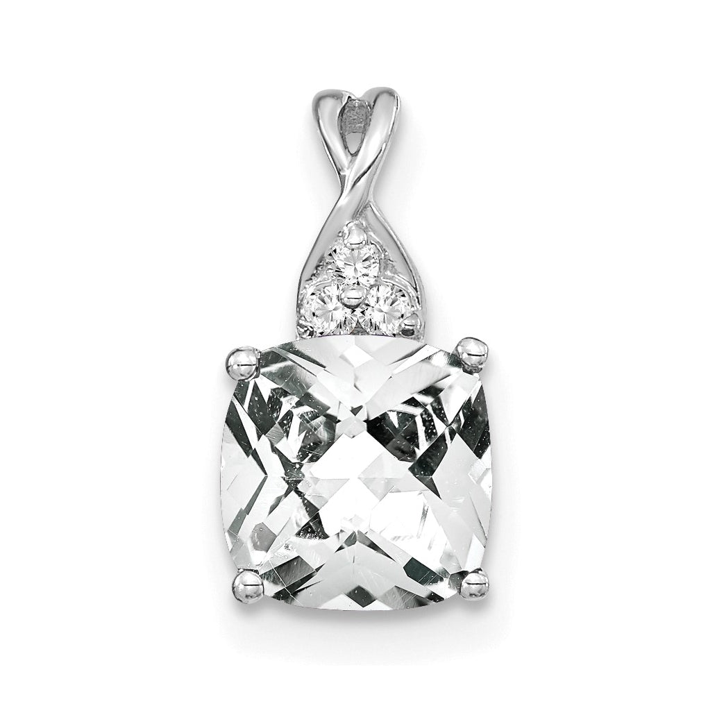 14K White Gold Checkerboard White Topaz and Diamond Pendant