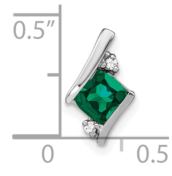14K White Gold Cushion Cr. Emerald and Diamond Chain Slide