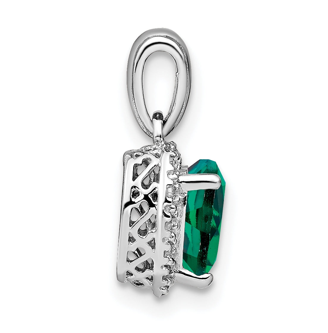 Sterling Silver Rhodium plated Created Emerald and Diamond Pendant