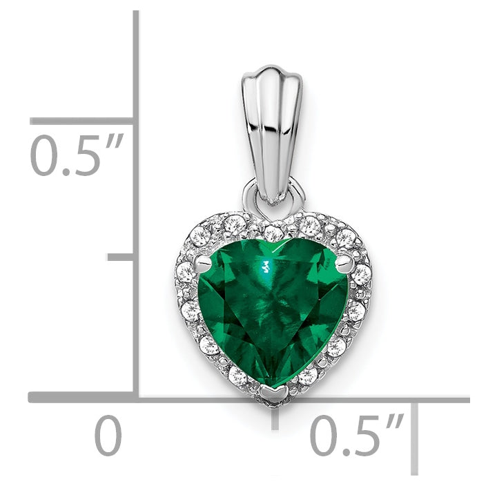 Sterling Silver Rhodium plated Created Emerald and Diamond Pendant