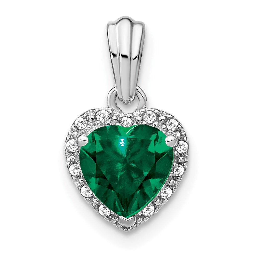 Sterling Silver Rhodium plated Created Emerald and Diamond Pendant