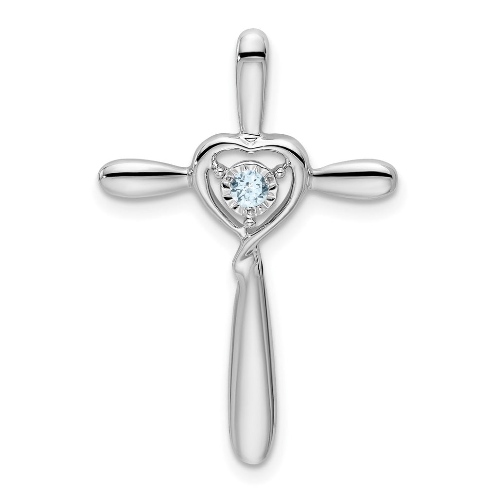 10k White Gold Aquamarine Cross w/Heart Chain Slide