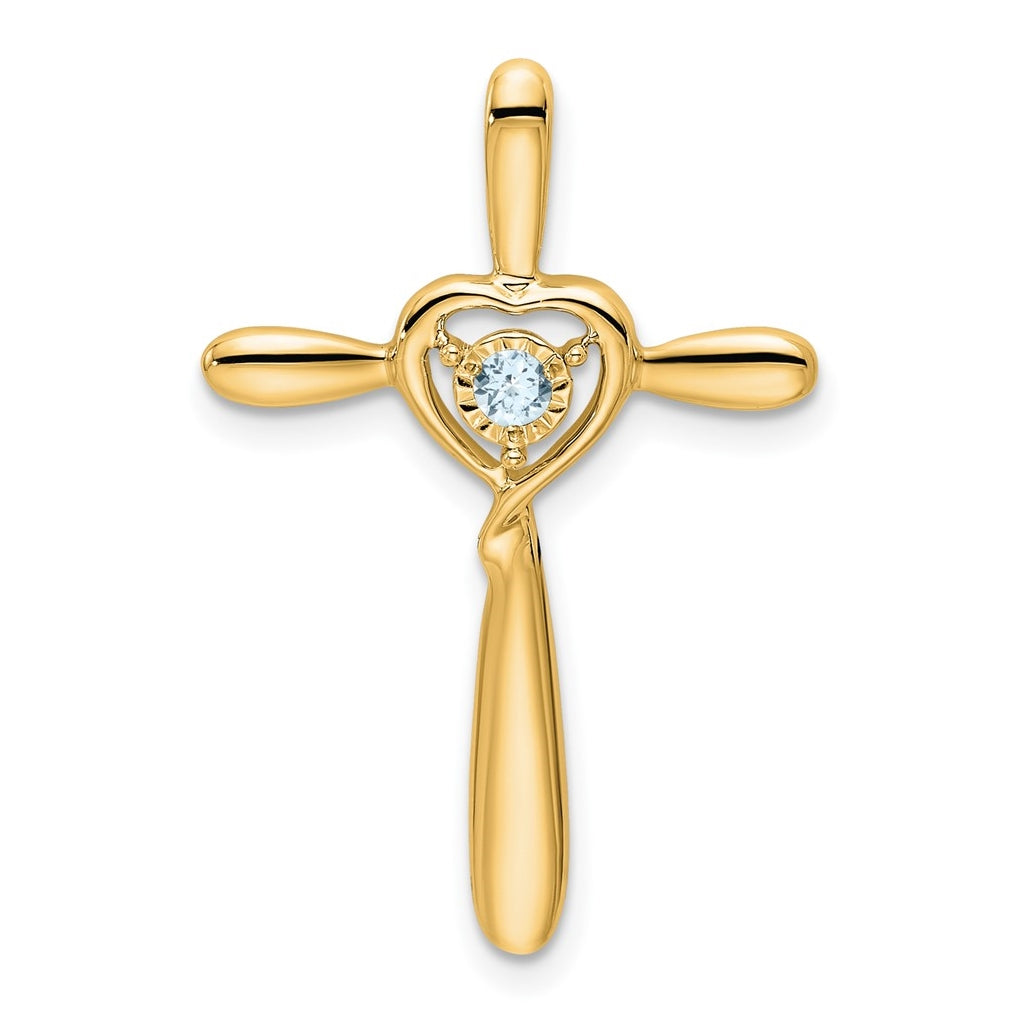 14K Yellow Gold Aquamarine Cross w/Heart Chain Slide