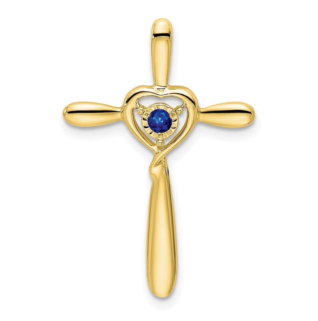 10K Yellow Gold Created Sapphire Cross w/Heart Chain Slide