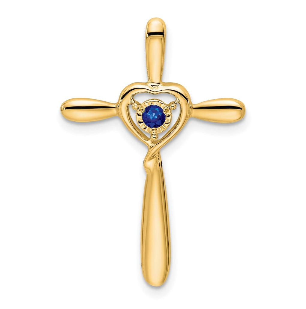 14K Yellow Gold Created Sapphire Cross w/Heart Chain Slide