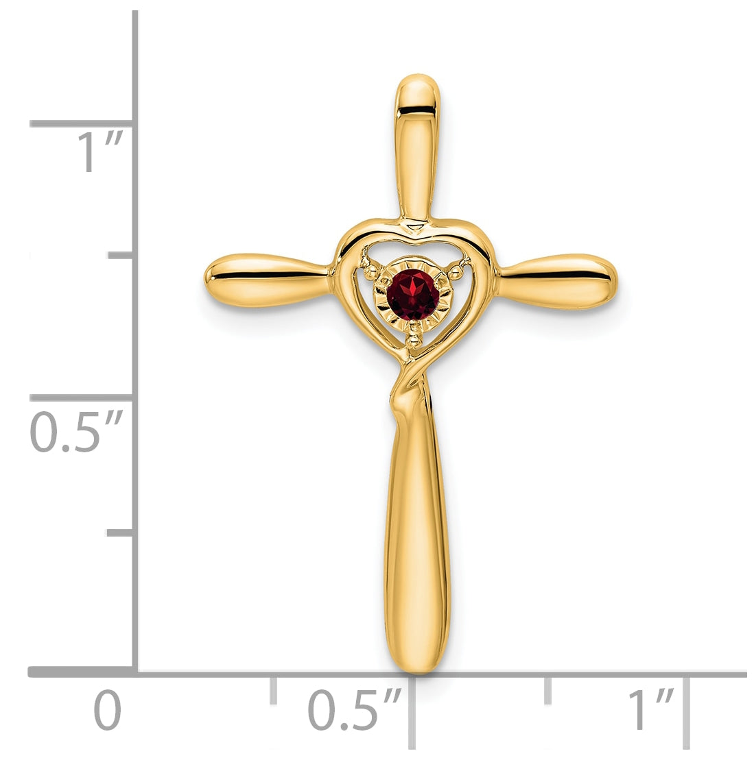 14K Yellow Gold Garnet Cross w/Heart Chain Slide
