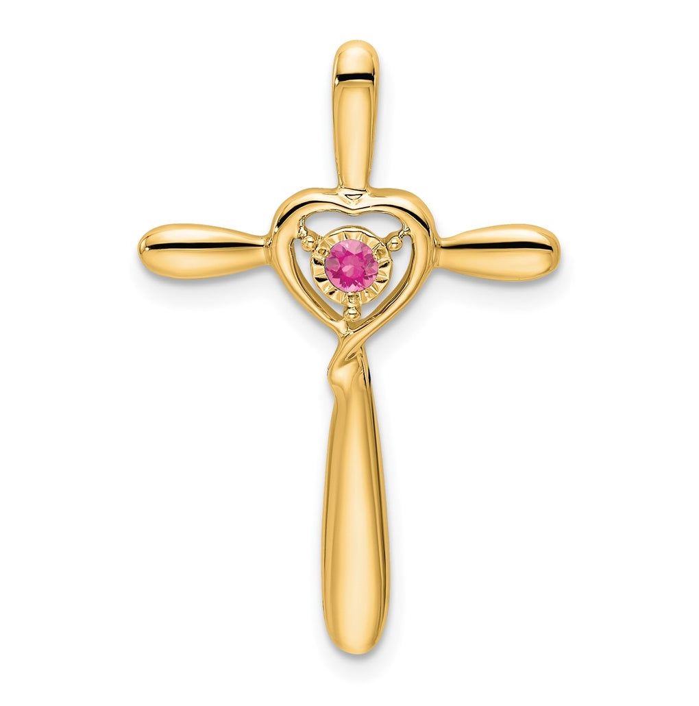 14K Yellow Gold Pink Tourmaline Cross w/Heart Chain Slide