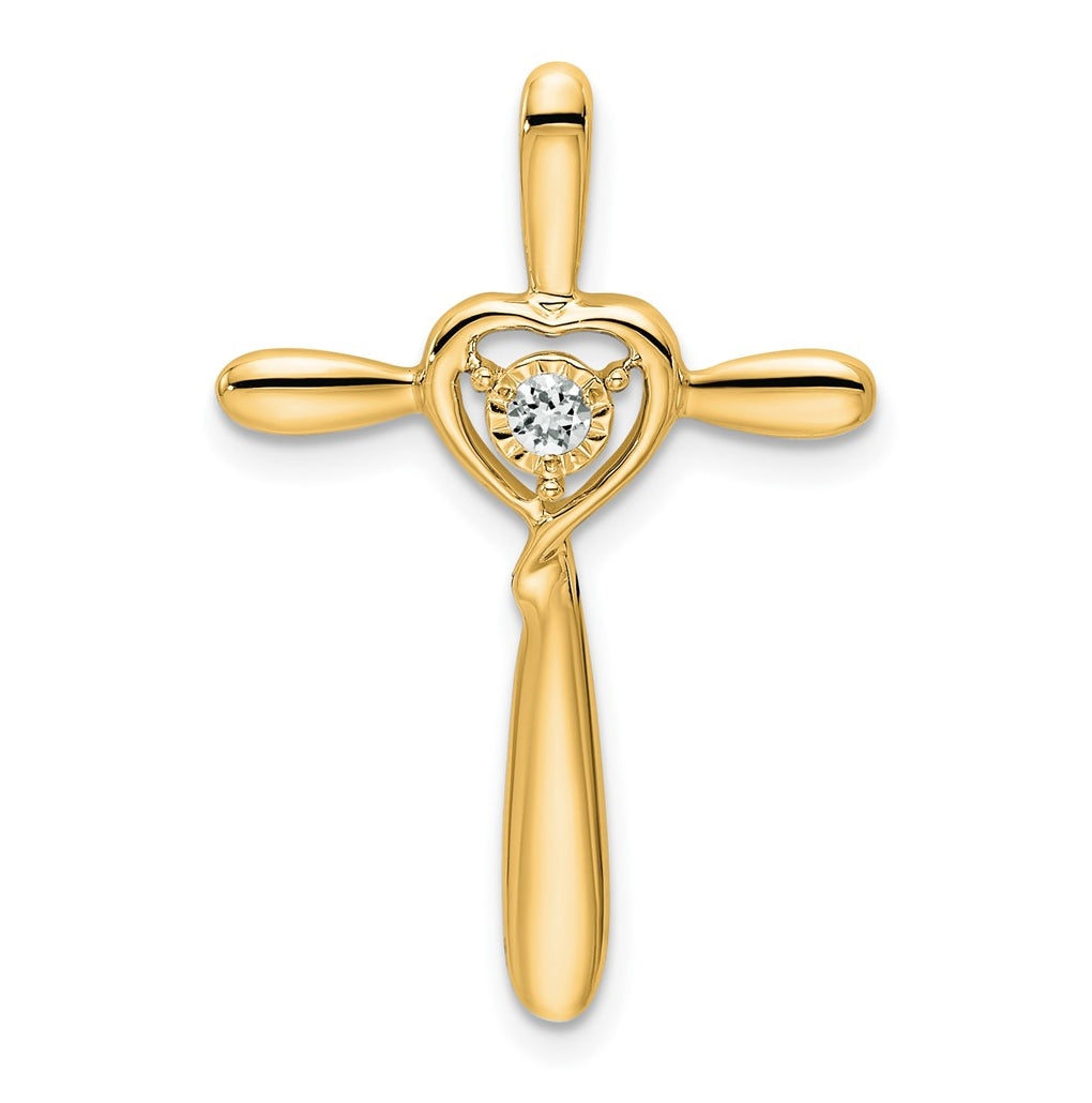 14K Yellow Gold White Topaz Cross w/Heart Chain Slide