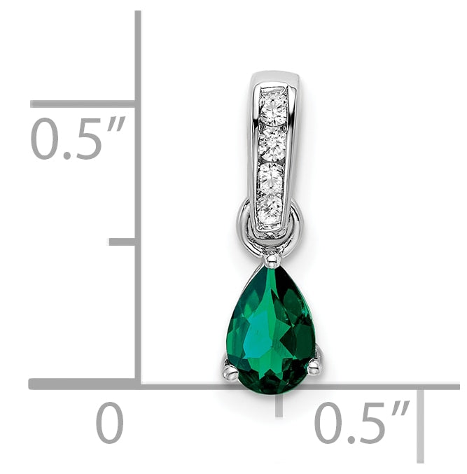 14K White Gold Pear Created Emerald and Diamond Pendant