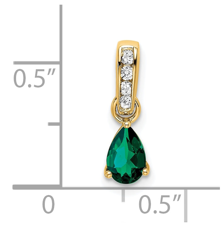 14K Yellow Gold Pear Created Emerald and Diamond Pendant
