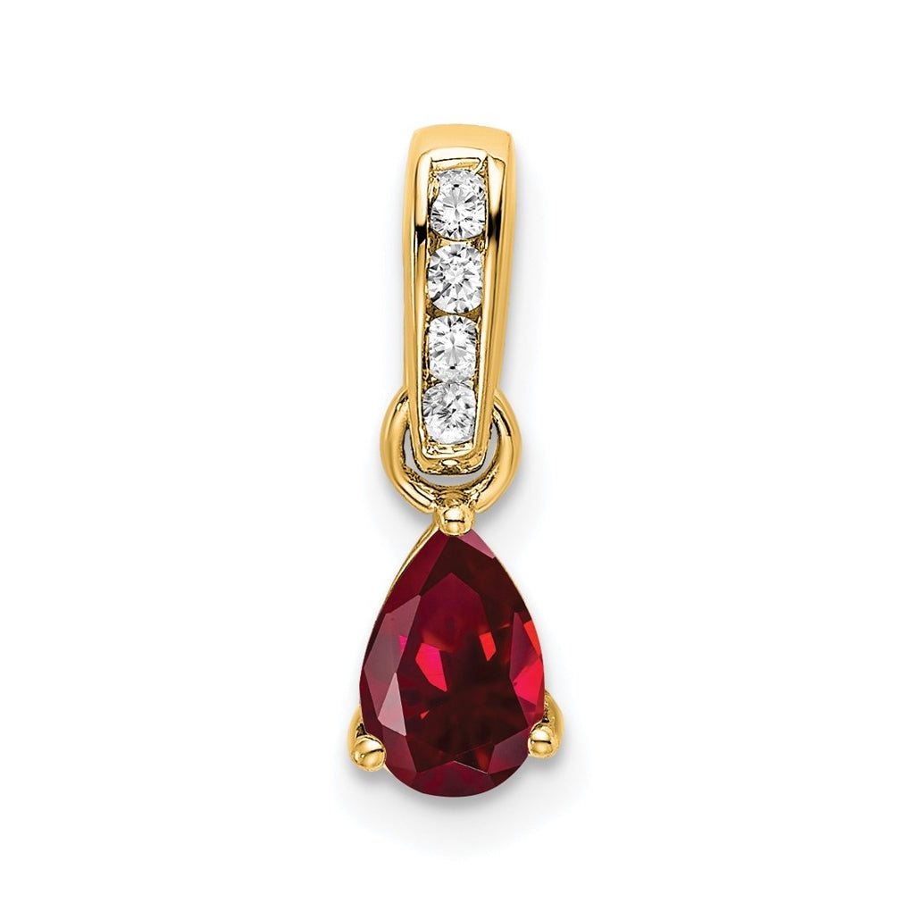 14K Yellow Gold Pear Created Ruby and Diamond Pendant