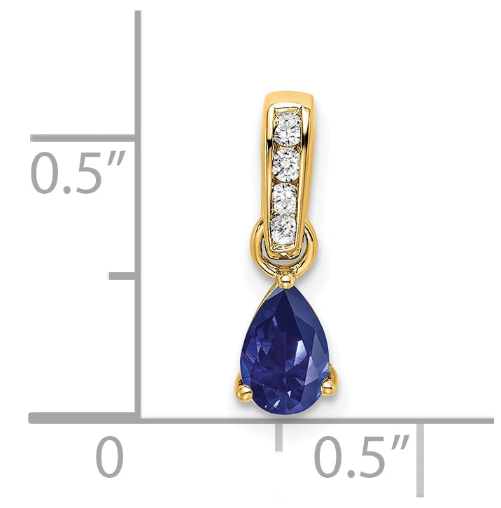14K Yellow Gold Pear Created Sapphire and Diamond Pendant