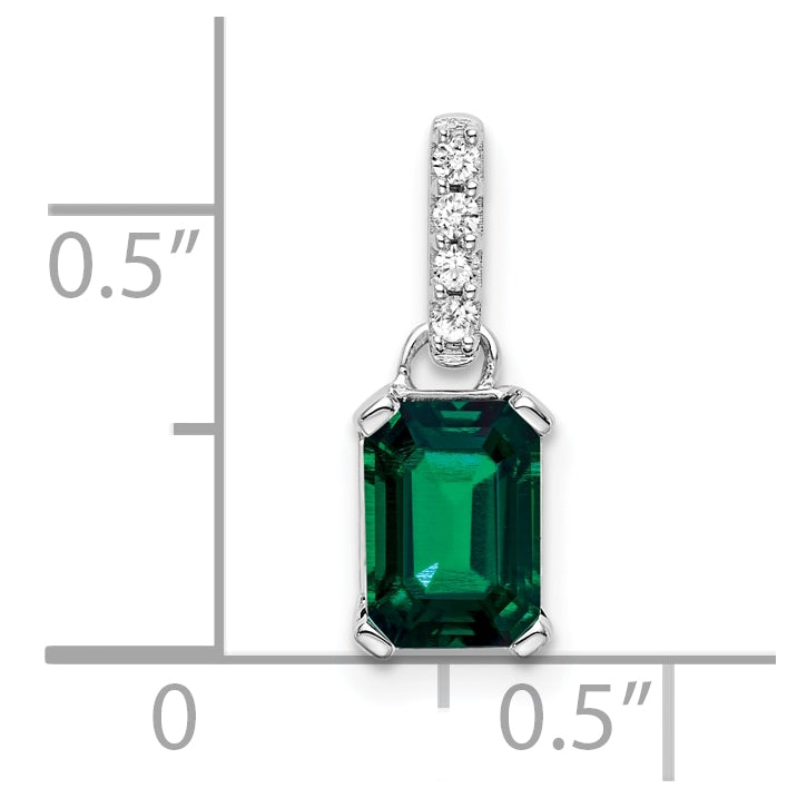 10k White Gold Created Emerald & Diamond Pendant