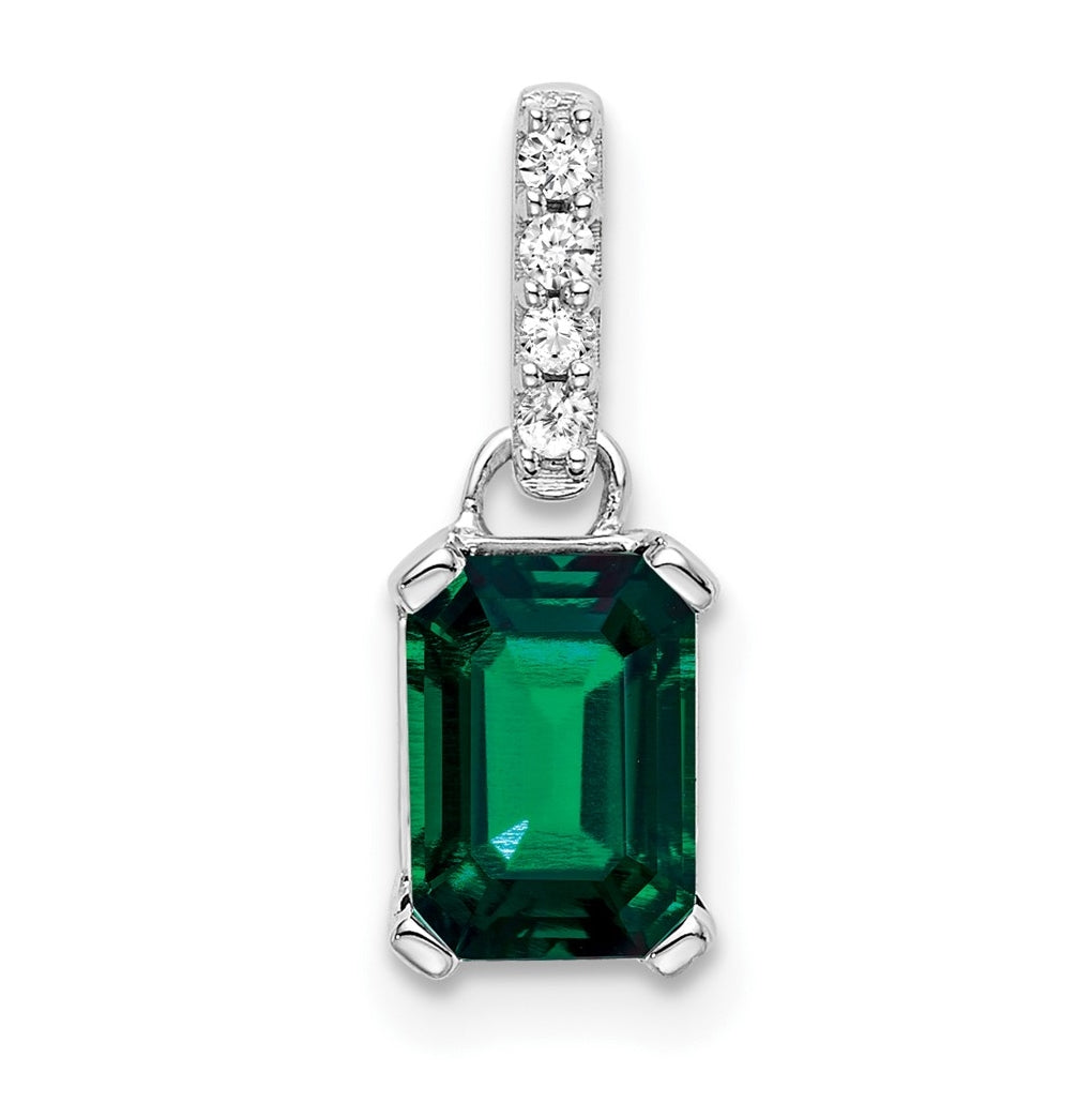 10k White Gold Created Emerald & Diamond Pendant