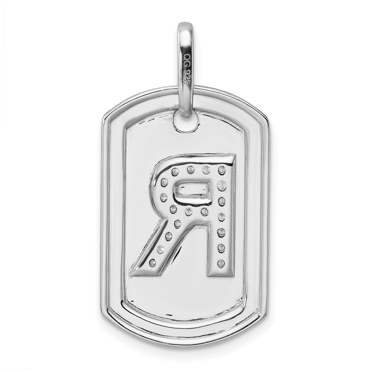 14K White Gold Diamond Initial R Dog Tag Charm