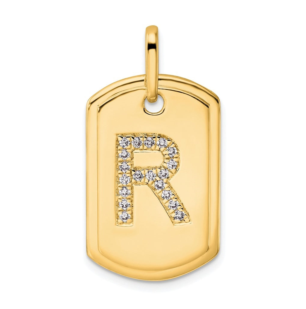 14K Yellow Gold Diamond Initial R Dog Tag Charm