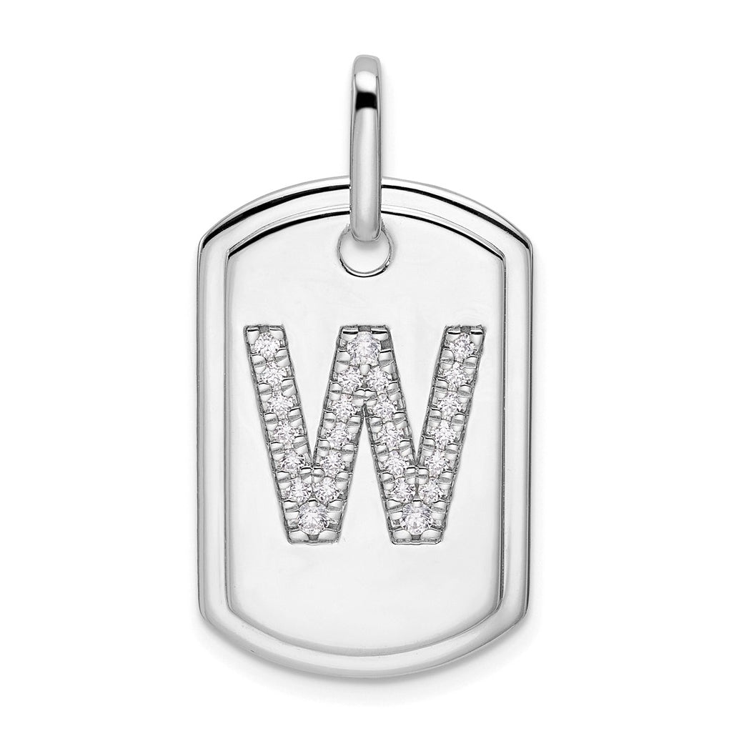 14K White Gold Diamond Initial W Dog Tag Charm