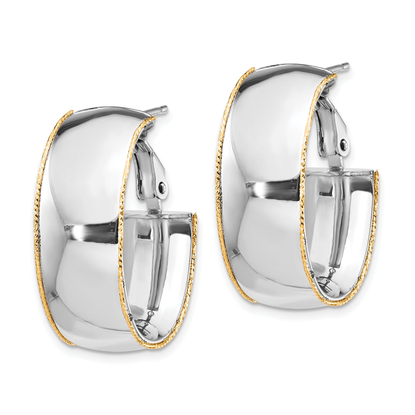 14k White Gold 9.5mm Polished with Yellow Gold Diamond Cut wire Accent Oval Hoop Earrings