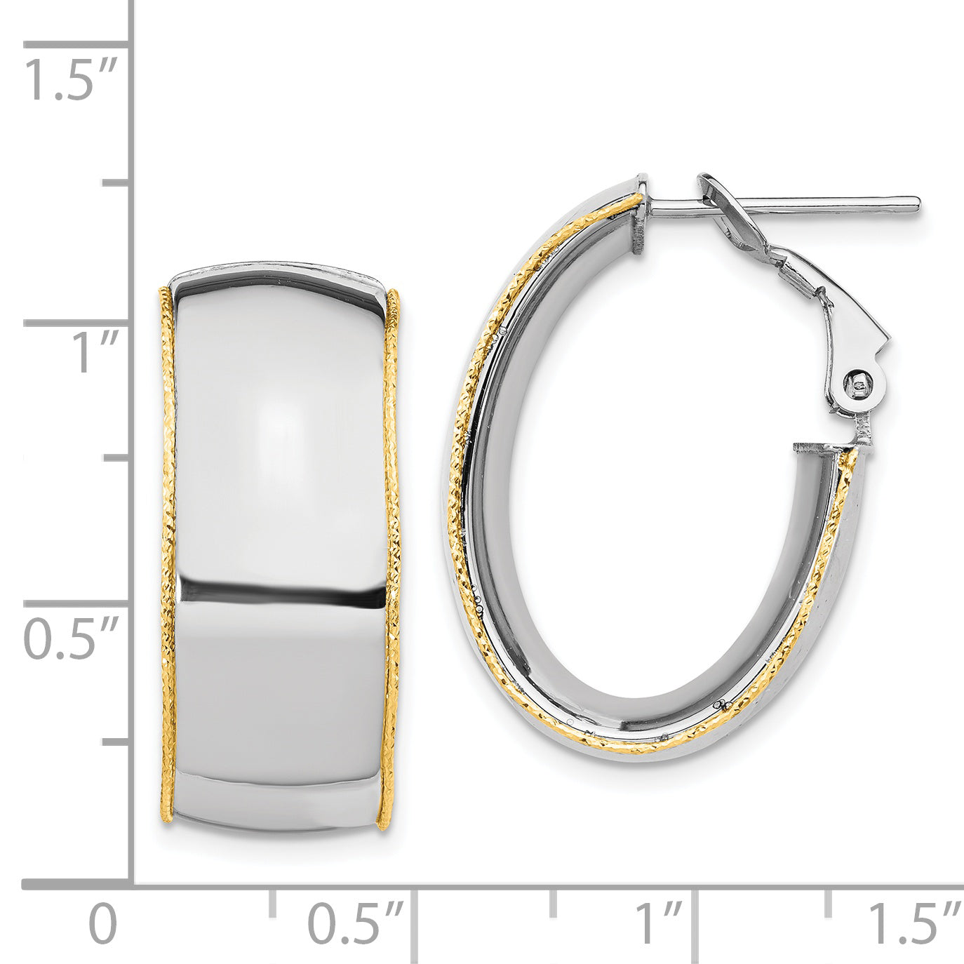 14k White Gold 9.5mm Polished with Yellow Gold Diamond Cut wire Accent Oval Hoop Earrings