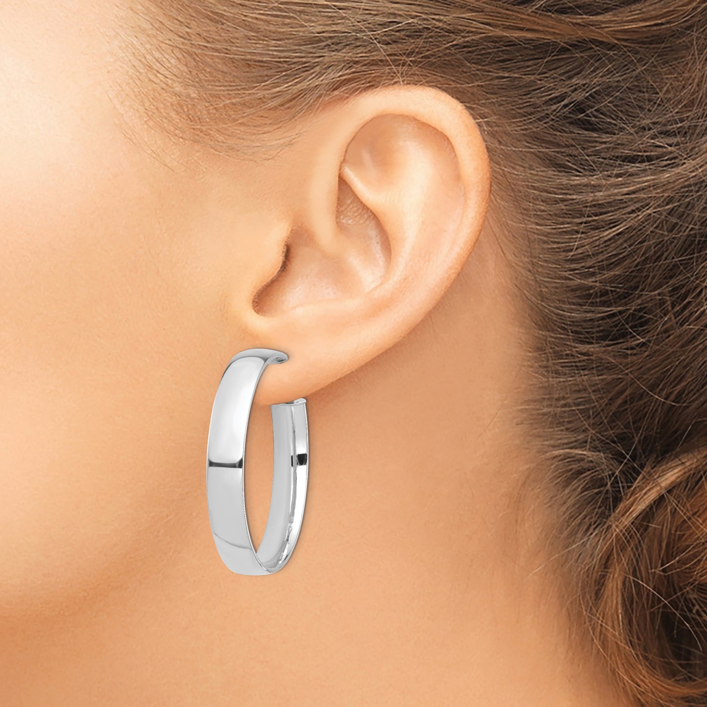 14k White Gold High Polished 7mm Omega Back Hoop Earrings
