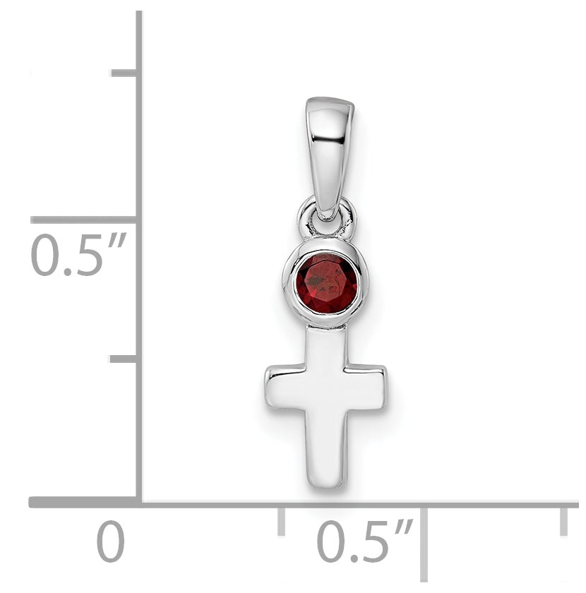 Sterling Silver Rhodium plated Polished Garnet Cross Pendant