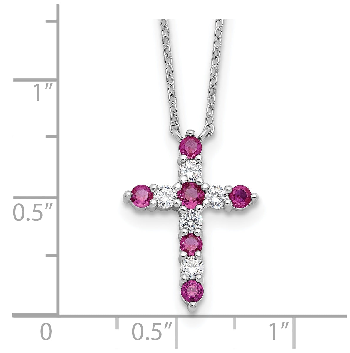 Sterling Silver Rhodium Plated Dark Pink Cubic Zirconia July Birthstone Cross with 2in ext Necklace
