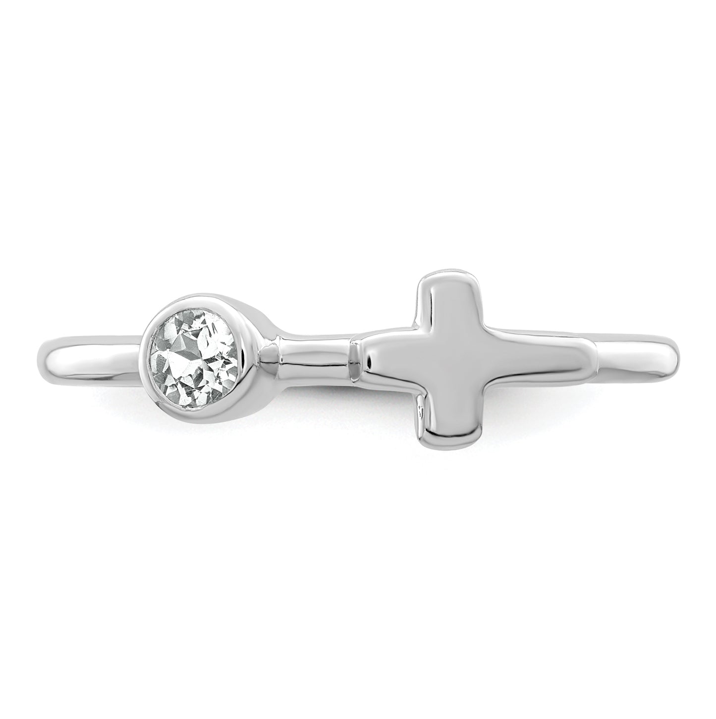 Sterling Silver Rhodium plated Polished Cross White Topaz Ring, Size 8