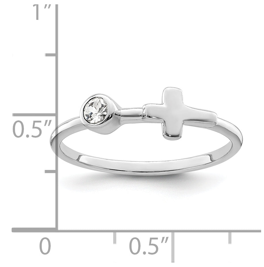 Sterling Silver Rhodium plated Polished Cross White Topaz Ring, Size 8