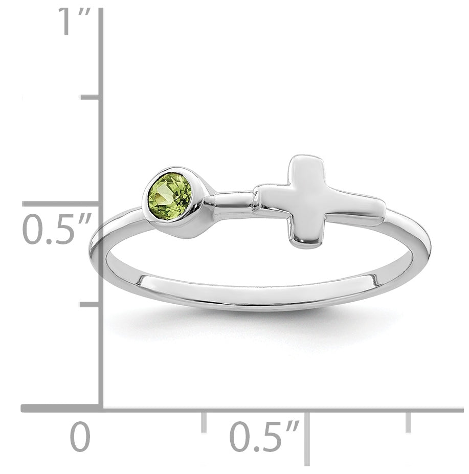 Sterling Silver Rhodium plated Polished Cross Peridot Ring, Size 8