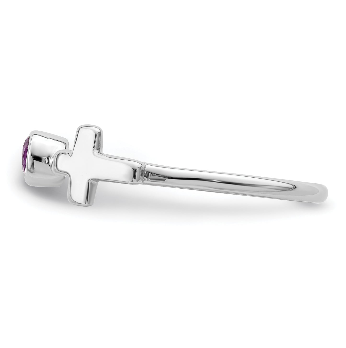 Sterling Silver Rhodium plated Polished Cross Amethyst Ring, Size 6