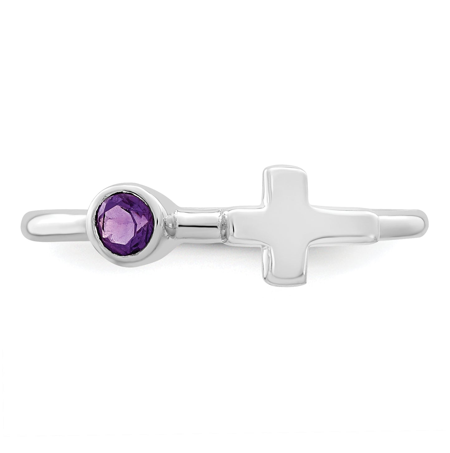 Sterling Silver Rhodium plated Polished Cross Amethyst Ring, Size 6