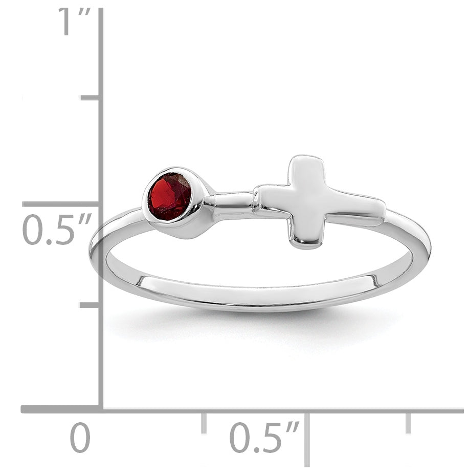 Sterling Silver Rhodium plated Polished Cross Garnet Ring, Size 7