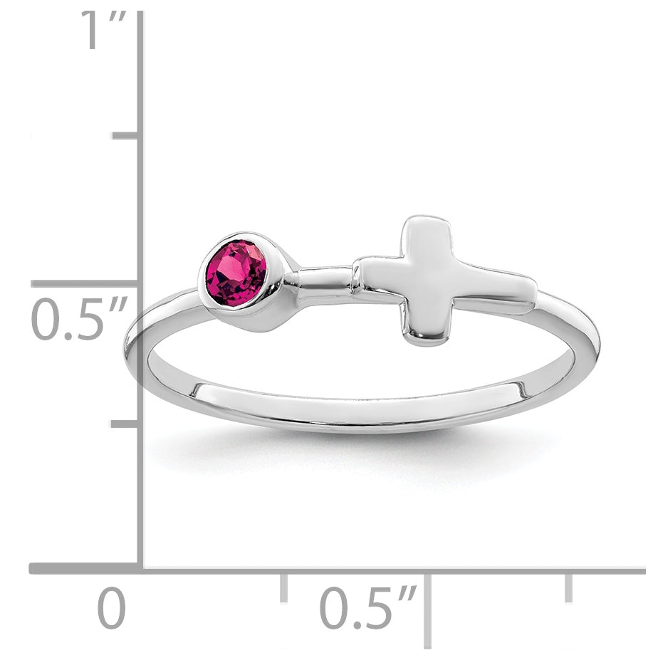 Sterling Silver Rhodium plated Polished Cross Lab Created Ruby Ring, Size 8