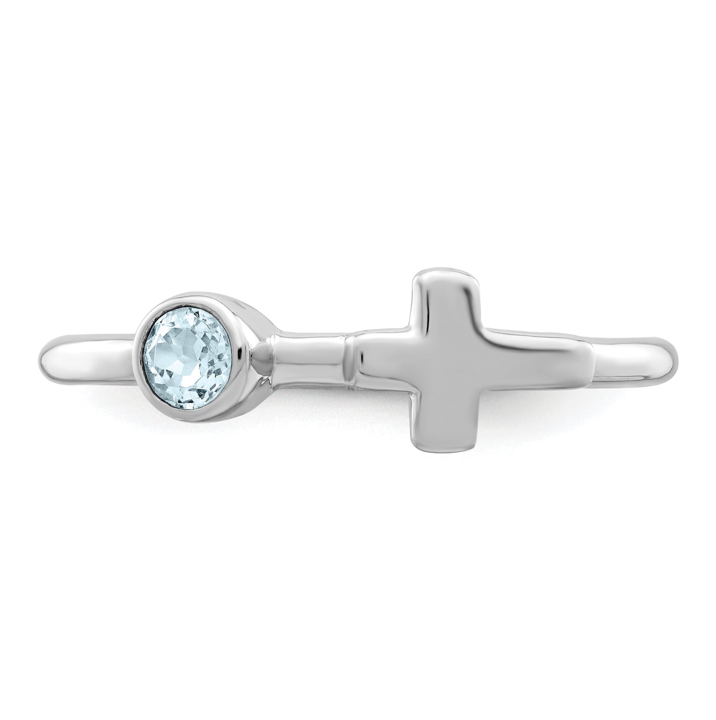 Sterling Silver Rhodium plated Polished Cross Aquamarine Ring, Size 7