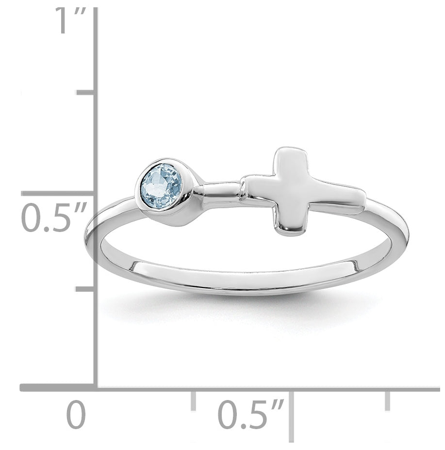 Sterling Silver Rhodium plated Polished Cross Aquamarine Ring, Size 8