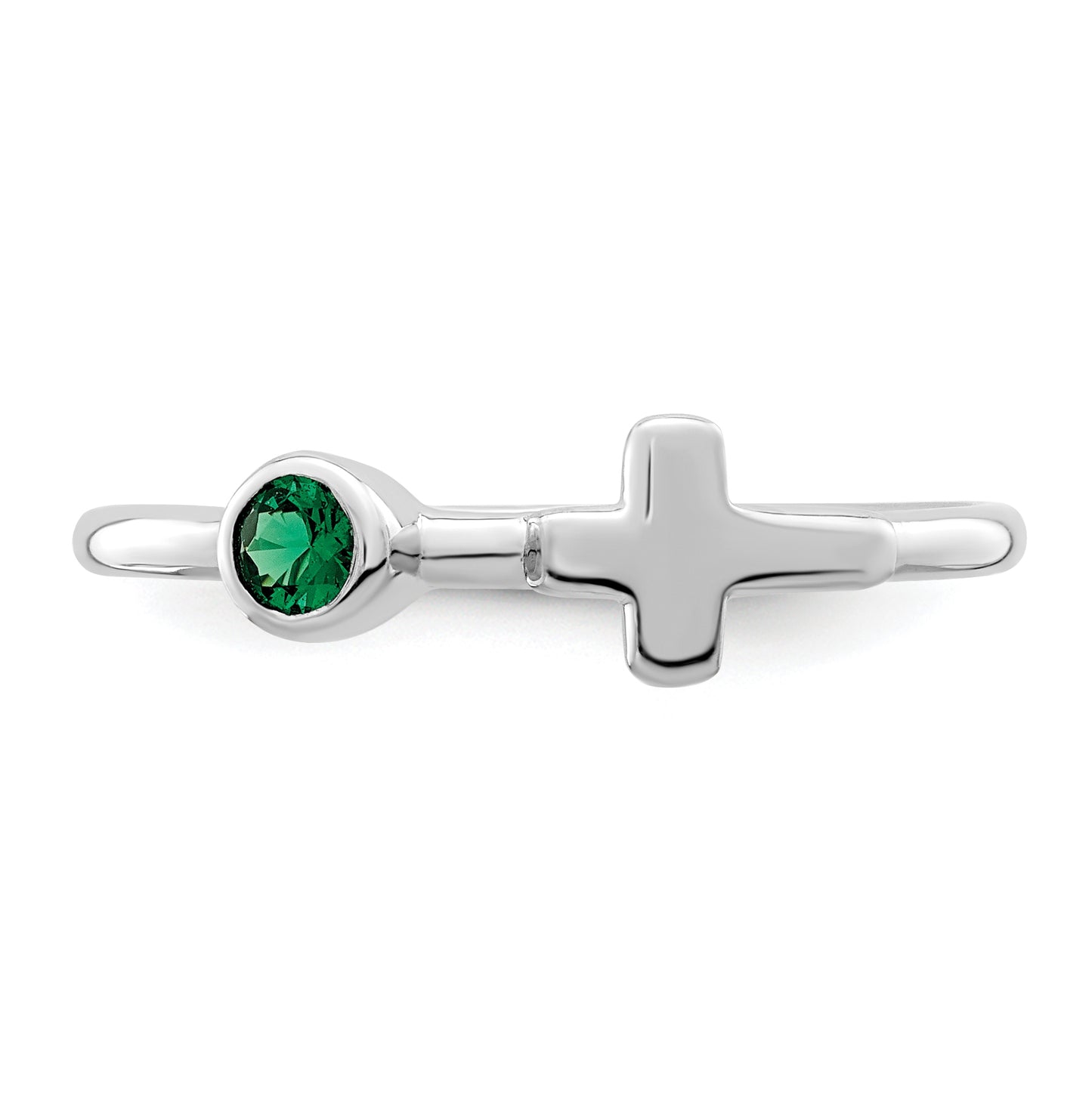 Sterling Silver Rhodium plated Polished Cross Lab Created Emerald Ring, Size 8