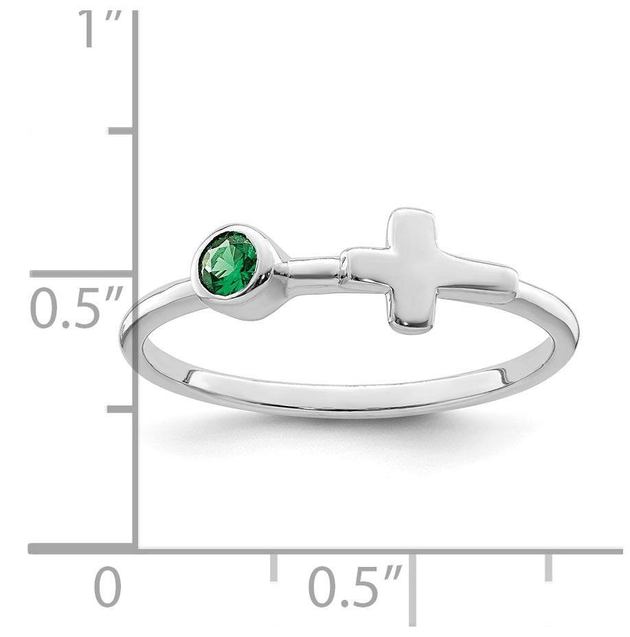 Sterling Silver Rhodium plated Polished Cross Lab Created Emerald Ring, Size 7