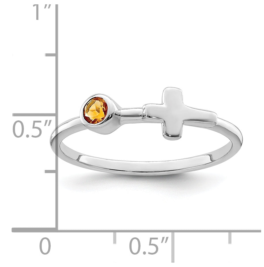 Sterling Silver Rhodium plated Polished Cross Citrine Ring, Size 6